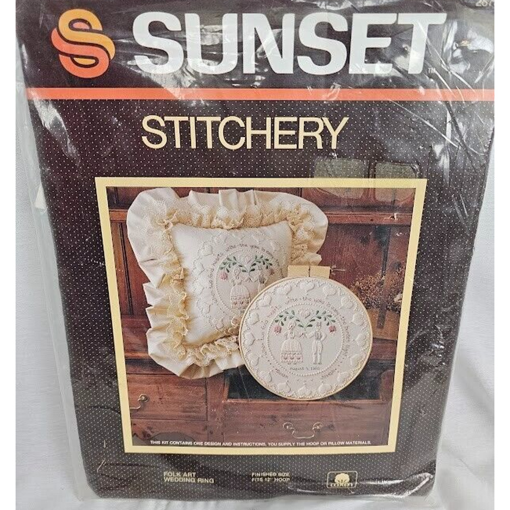 VTG Sunset Stitchery Kit 2873 Folk Art Wedding Ring Pillow / Wall Hanging NEW